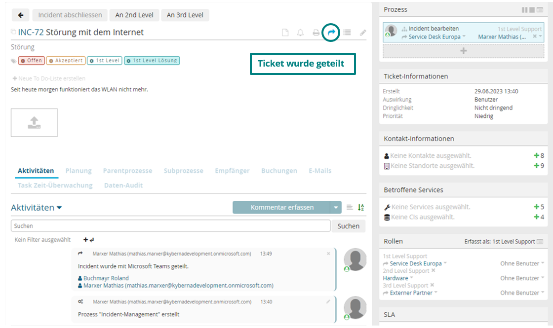 Der blaue Pfeil visualisiert eine bestehende Ticketteilung von ky2help® in MS Teams.