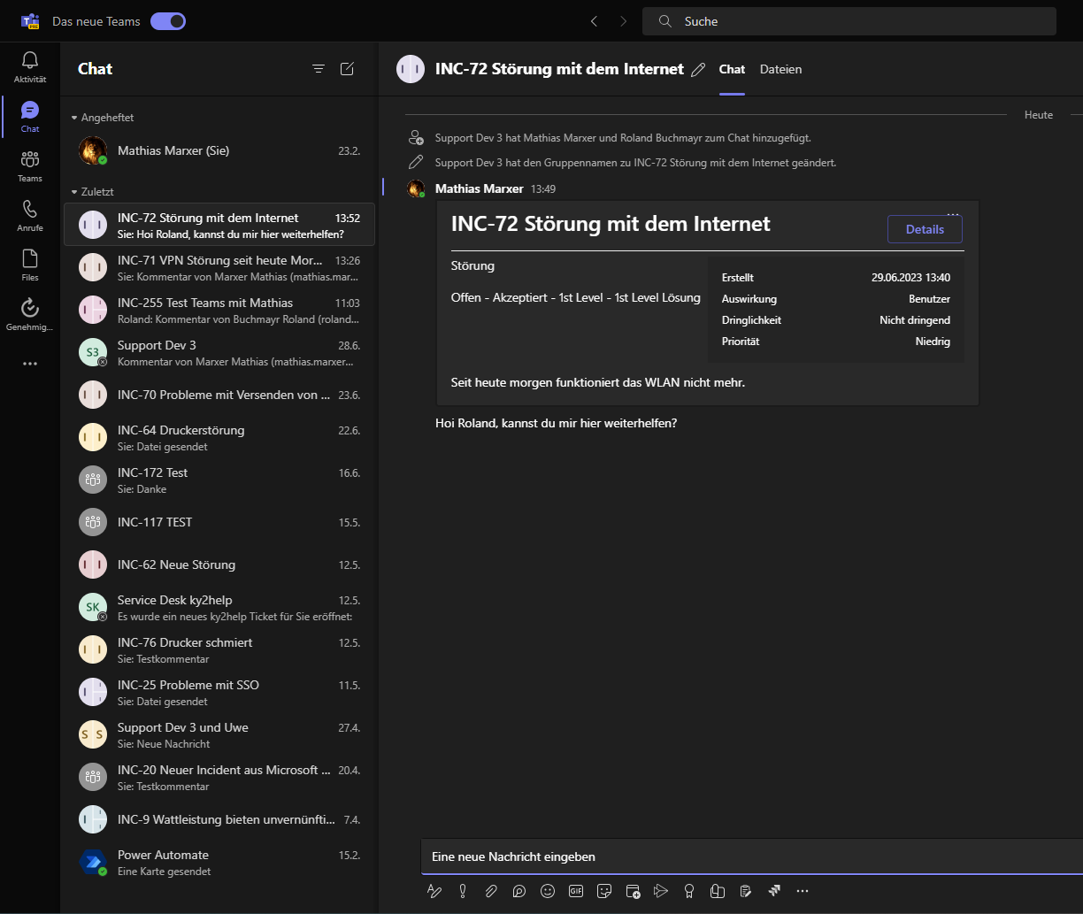 Ansicht des geteilten Tickets im MS Teams mit direktem Link ins ky2help®.